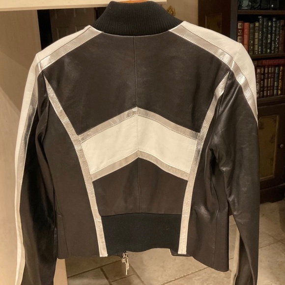 Bebe Leather Moto Jacket Black White Metallic Silver Size Medium 1990s - Picture 2 of 5